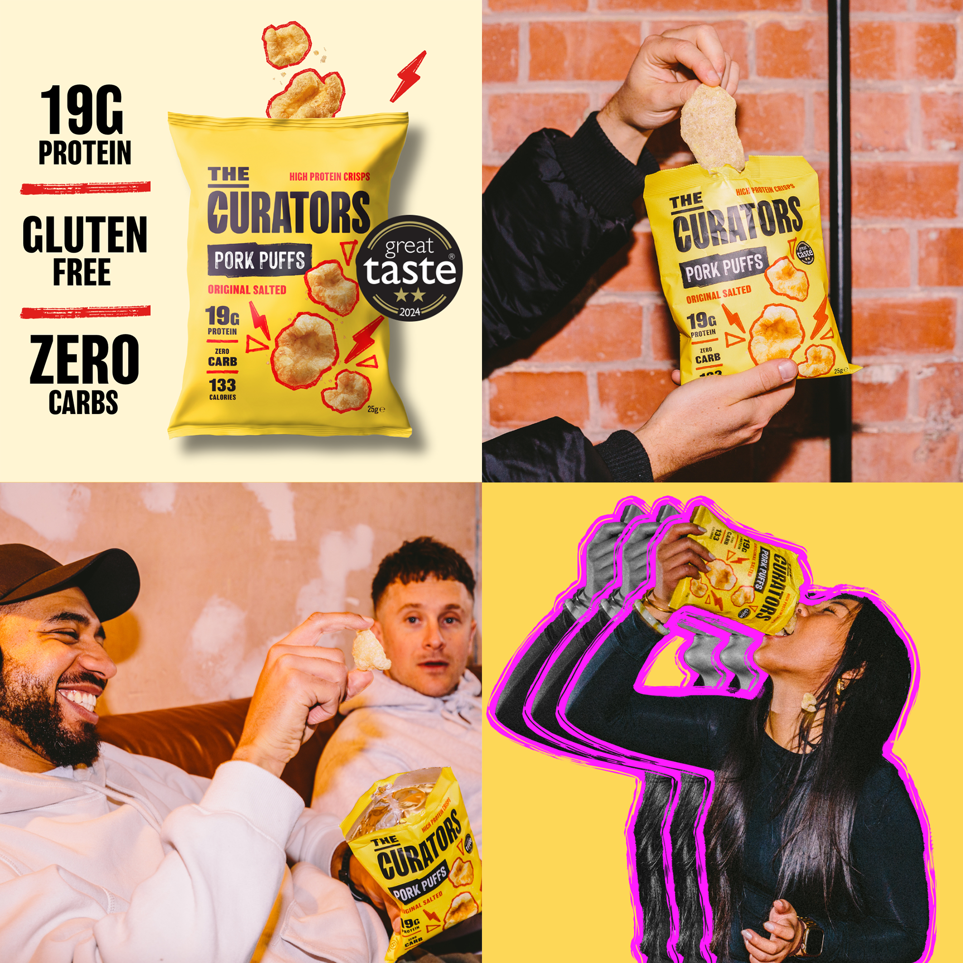The Curators Pork Puffs – crunchy high-protein pork snack with big flavour and low carbs  Why it works:  Captures product texture and benefits (crunchy, high-protein, low-carb)  Uses search-friendly terms like “pork snack” and “protein”