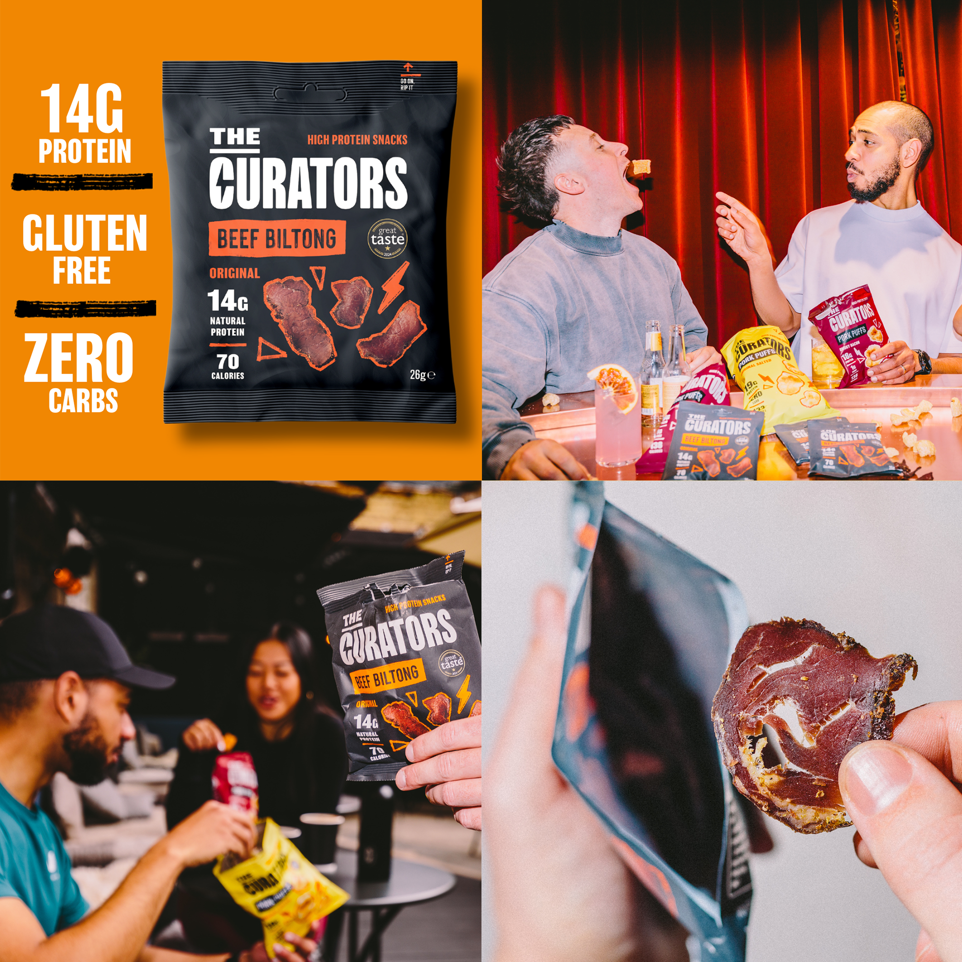 Close-up of The Curators Biltong – air-dried British beef snack packed with protein and bold flavour Why it works: Highlights the product name and its defining features (air-dried, British beef, protein) Optimised for SEO with “biltong” and “protein snack”